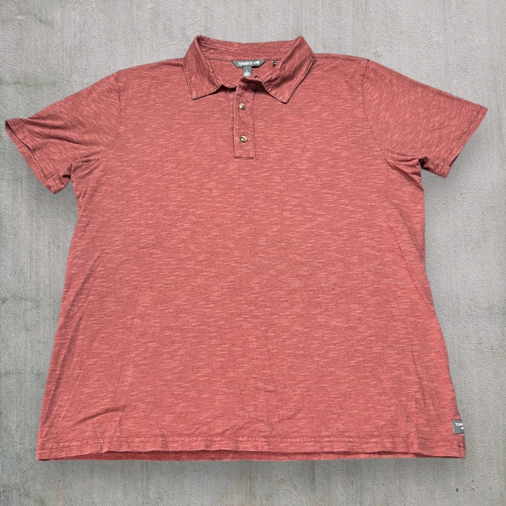 Toad&Co Tempo SS Polo Shirt Mens Large L Terracotta Red Organic Cotton Tencel